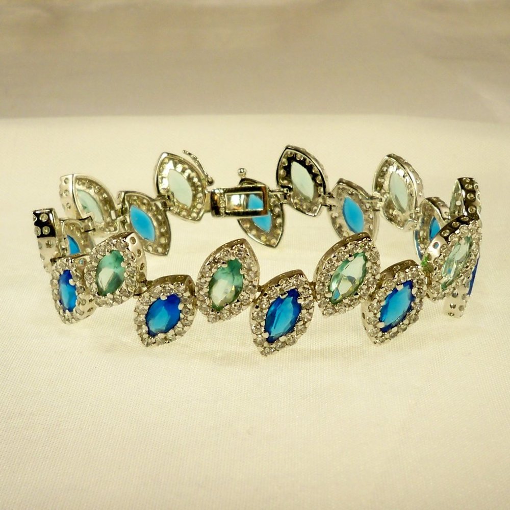 New Rare Vintage Charles Winston Blue, Aquamarine Cubic Zirconias 925 Bracelet